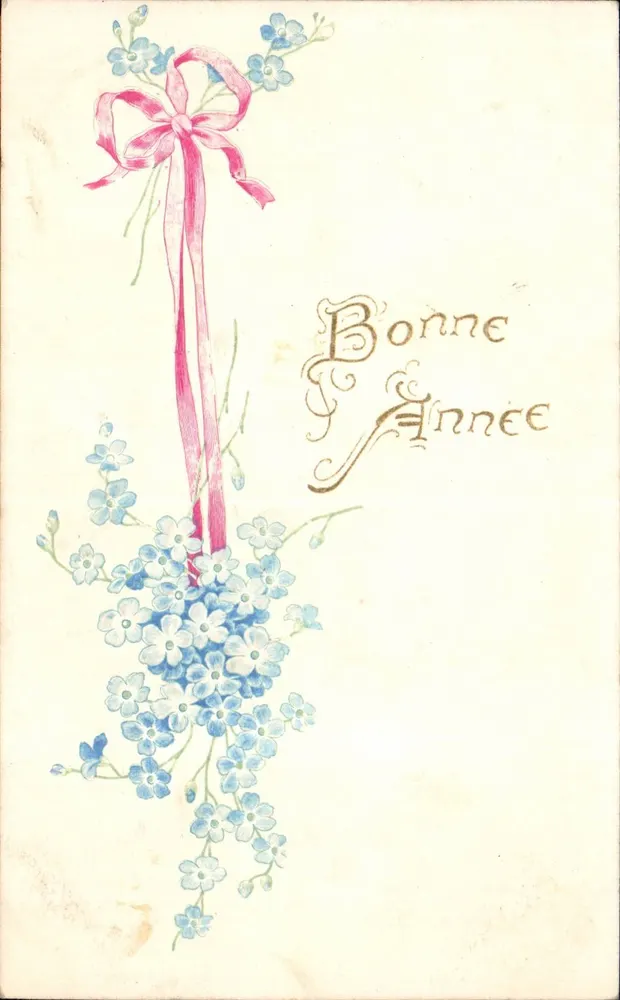 Blütenstrauß in Blau und rosa Schleife — Frohe Neujahr — französische Ansichtskarte - Vorderseite