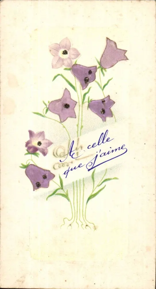 Flores violetas — cartão postal decorativo — texto manuscrito 'Àquela que eu amo' - Frente