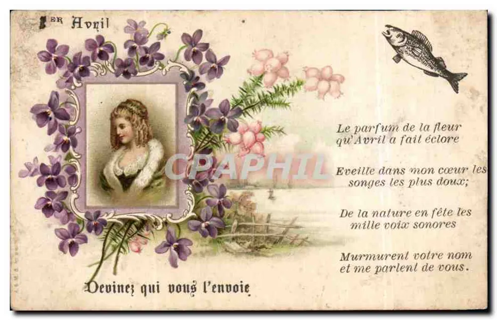 Premier Avril — jeune femme dans cadre de violettes — éditeur non visible - Frente