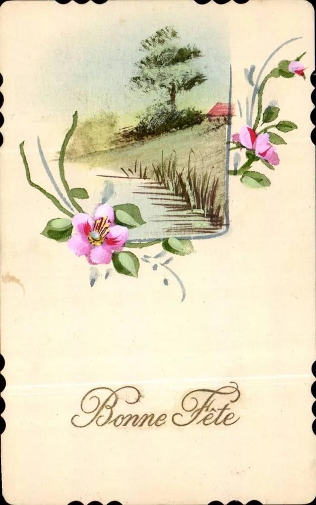 Gute Geburtstagskarte — Landschaft mit Blumen — Ansichtskarte - Vorderseite