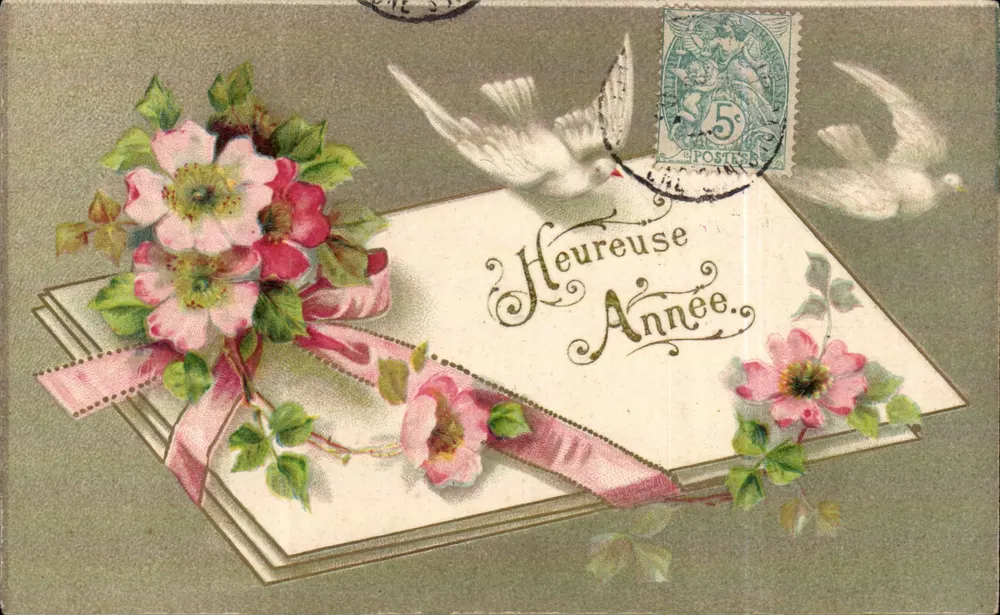 Blumen und Taube — Frohes Neues Jahr — unbekannter Verleger, Seriennummer nicht sichtbar - Vorderseite