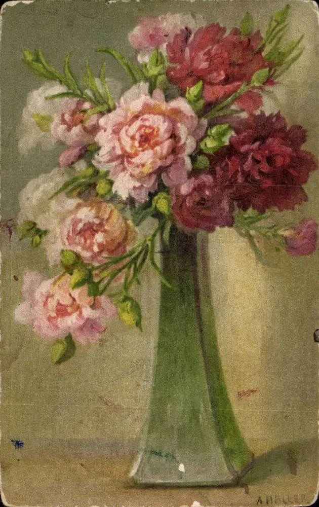 Blütenstrauß von Paeonen — in einem grünen Vase — A. Haller - Vorderseite