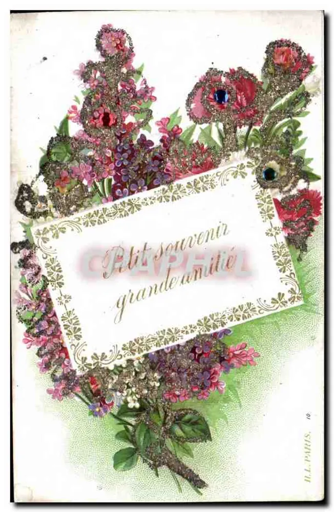 Flores e ornamentos — 'Pequeno souvenir, grande amizade' — ILL. PARIS, 10 - Frente