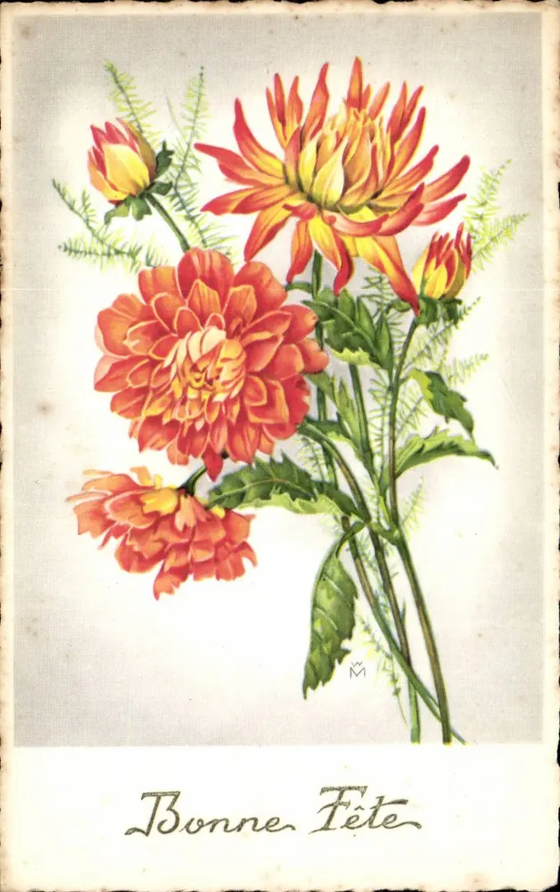 Blumenstrauß aus Dahlien — Frohe Geburtstagskarte — M.D. Paris, Serie Nr. 2810 - Vorderseite