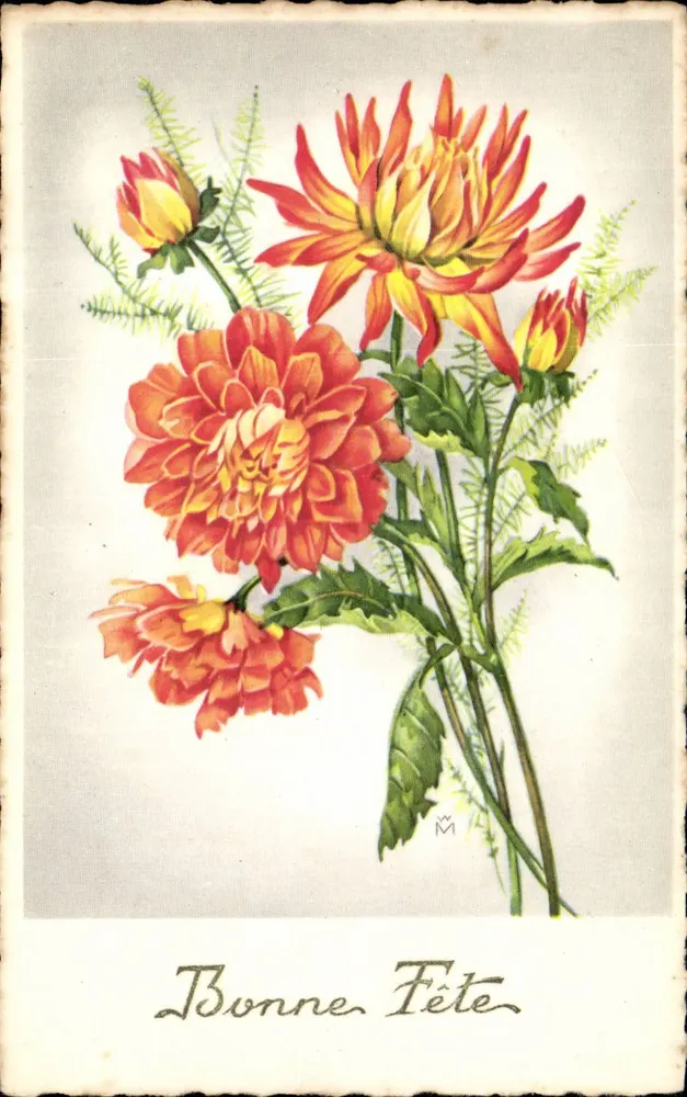 Dahlia-Bouquet — Frohe Geburtstagskarte — M.D., Paris, Serie Nr. 2B10 - Vorderseite