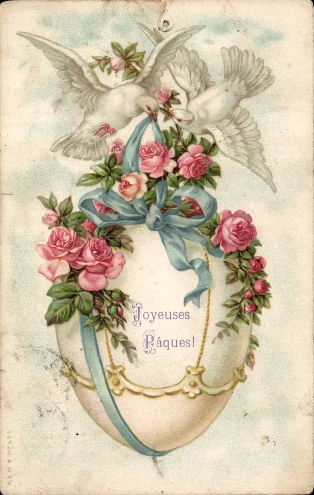 Duas pombas e ovo decorado — rosas — A&M B N°453 - Frente
