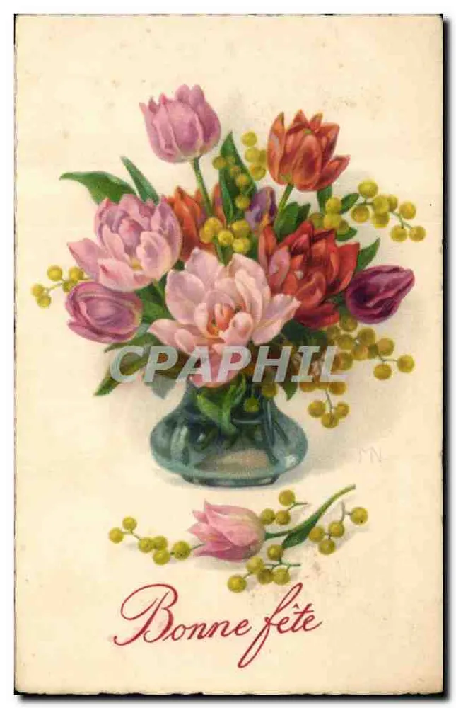 Blumenstrauß aus Tulpen und Mimosen — Frohe Geburtstage — unbekannter Verlag, Seriennummer nicht sichtbar - Vorderseite