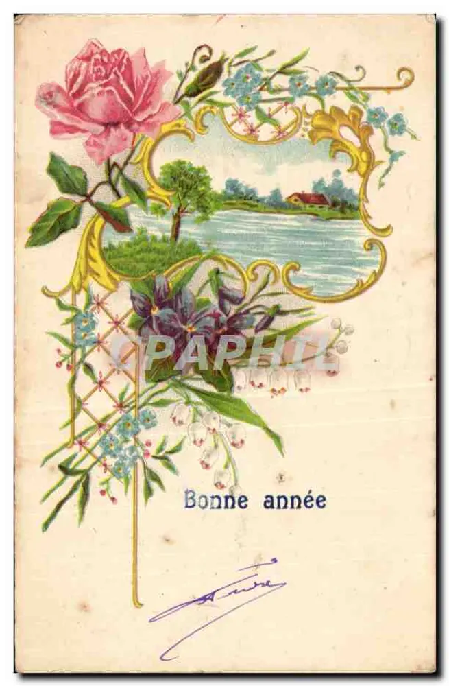 Bom ano — decoração floral e paisagem — editor não identificado - Frente