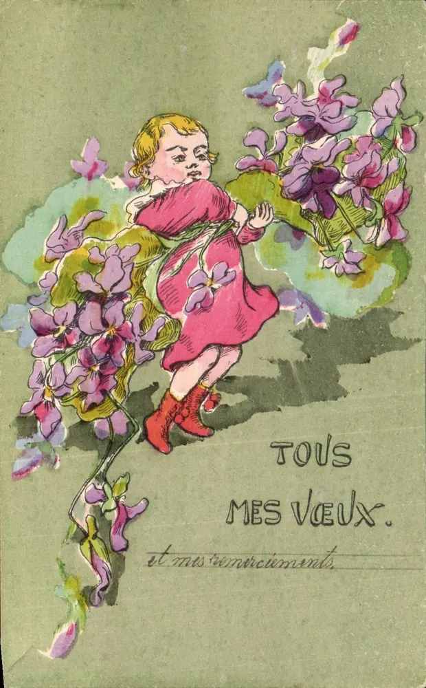 Criança entre flores violetas — 'TOUS MES VŒUX. e mes remerciements.' — editor não visível - Frente