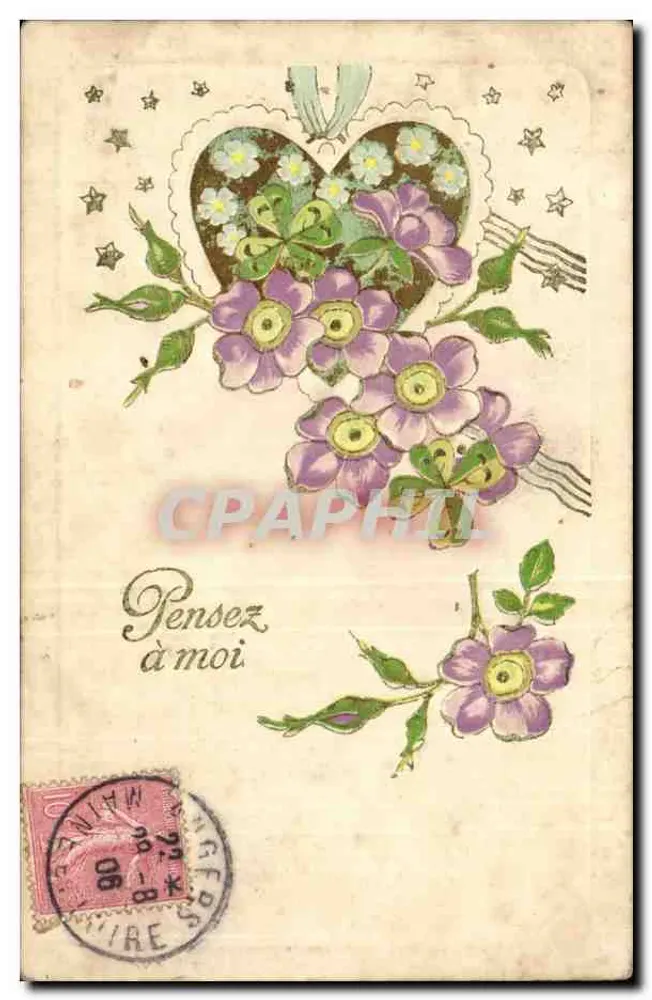 Flores e coração — Pense em mim — editor desconhecido - Frente