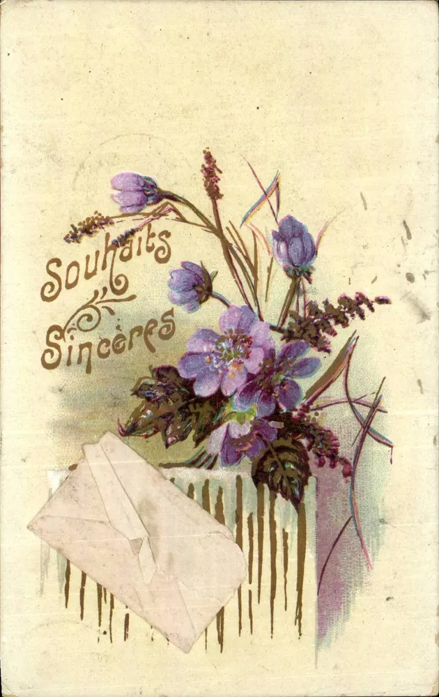 Arranjo de flores violetas — Desejos Sinceros — Carta postal francesa - Frente