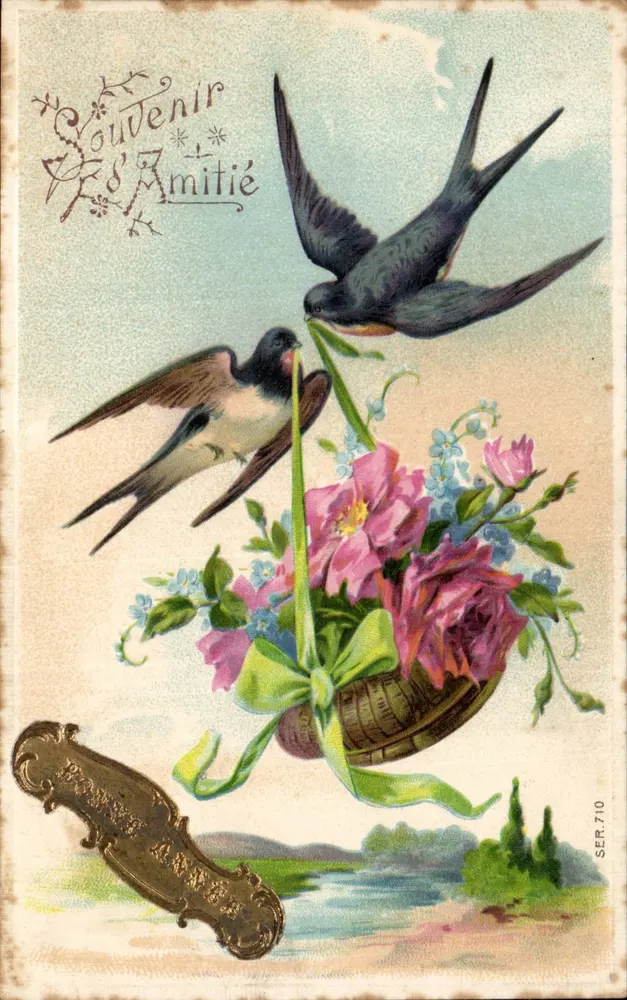 Vögel und Blumenstrauß — Souvenir d'Amitié — Panne Anne SER. 710 - Vorderseite