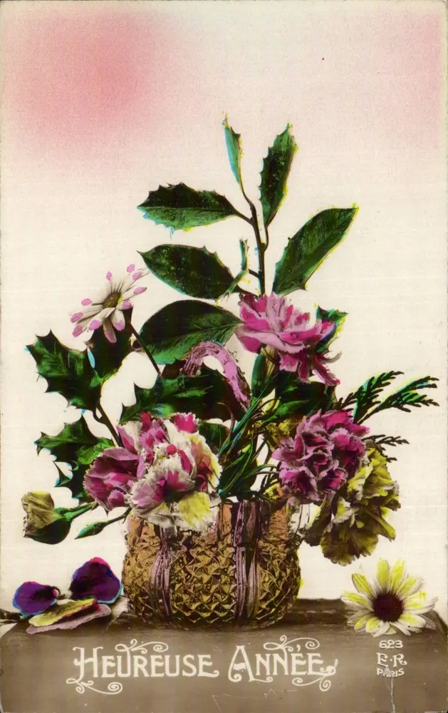 Arranjo de flores — Feliz Ano — E.R. Paris, n° 623 - Frente