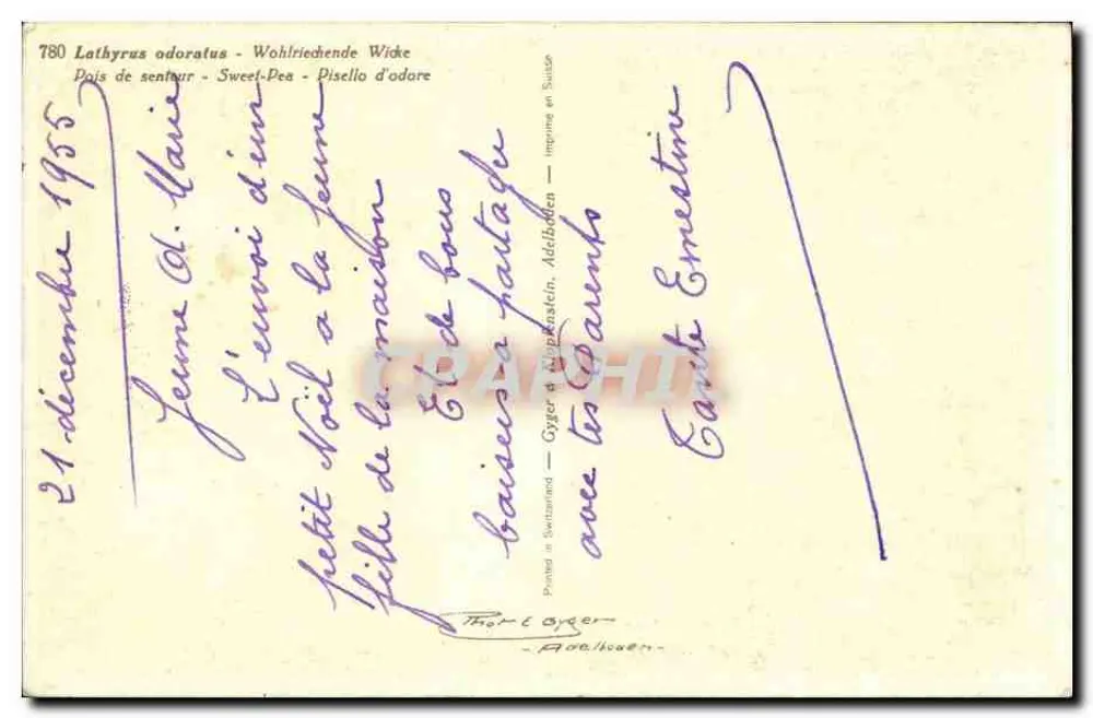सुगंधित बीन के फूल — Lathyrus odoratus — स्विटजरलैंड में मुद्रित, संख्या 780 - पीछे