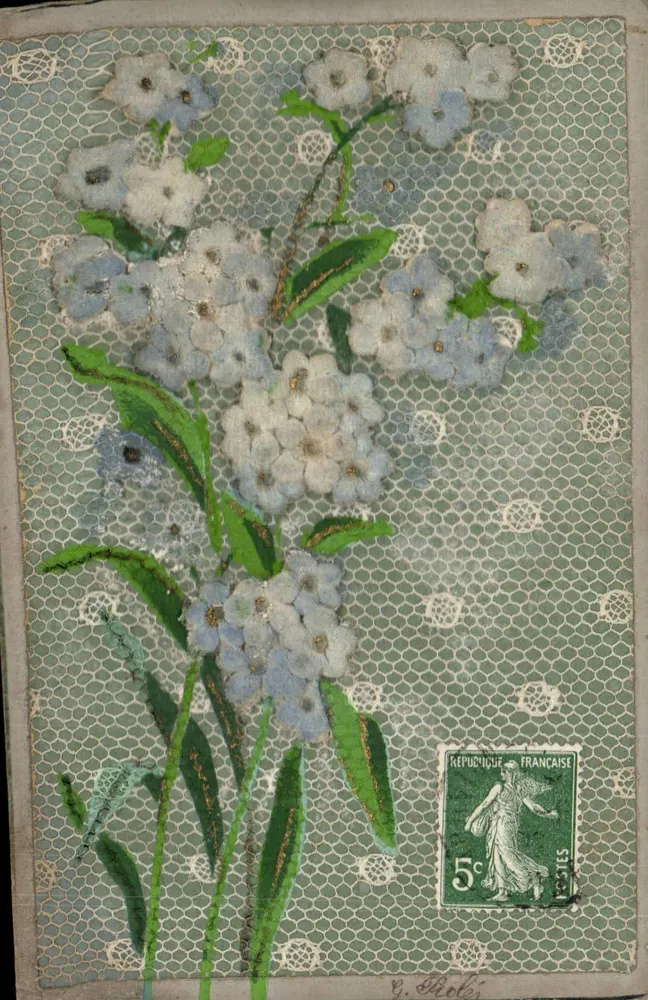Blaue und weiße Blumen — auf einem Spitzenhintergrund — Verlag Y. Bell, Nr. 123 - Vorderseite