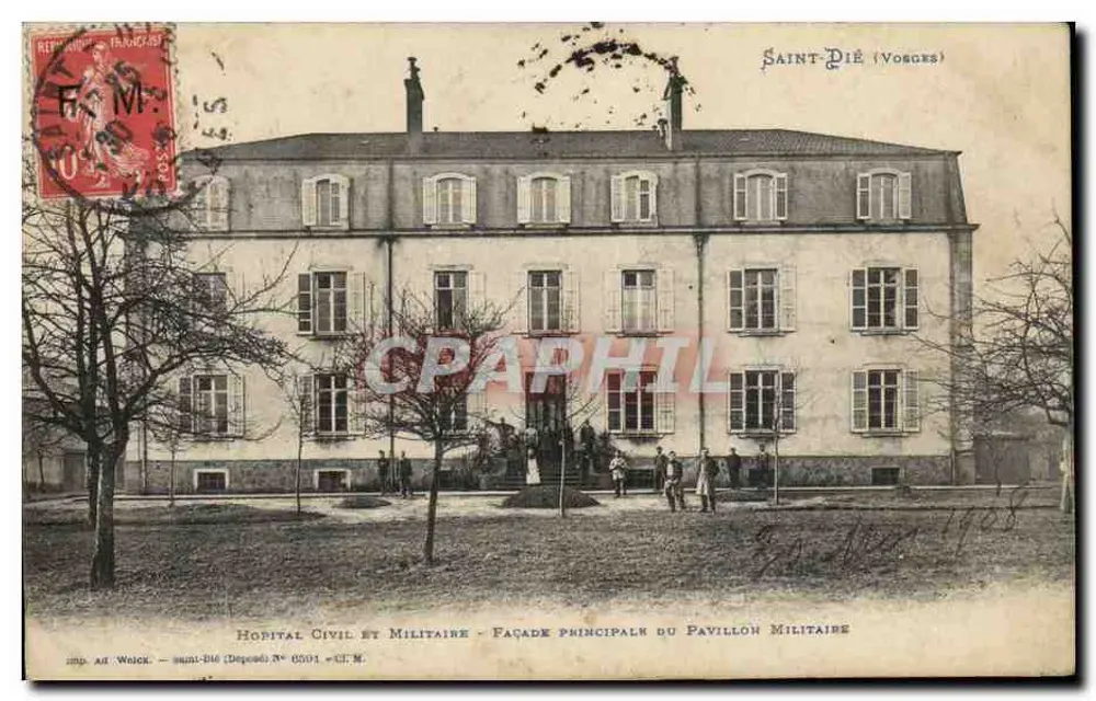 Saint-Dié (Vosges) — Ziviles und Militärisches Krankenhaus — Hauptfassade des Militärpavillons — Imp. ad. Welock, Einlieferung N° 0501 - Vorderseite