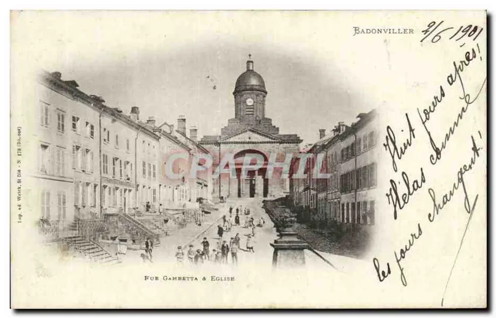 Badonviller — rua Gambetta & igreja — editor L. op. 48, Warg, St. Dia - N° 128 (10-1900) - Frente