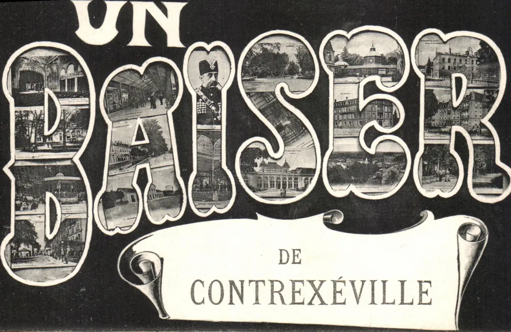 Um beijo de Contrexéville — cartão postal decorativo com colagem de vistas — editor desconhecido - Frente