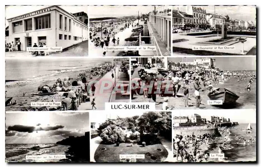 Luc-sur-Mer — visão panorâmica com o Estabelecimento Termal, a praia, a dique e as ruas — editor Artaud Frères et Fils, Nantes - Frente