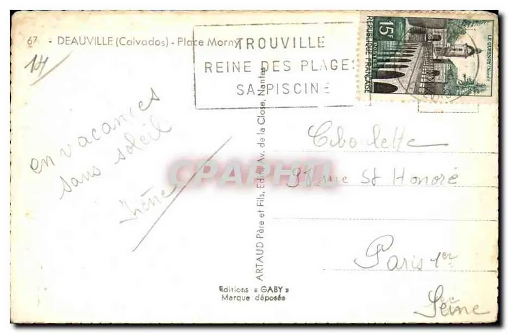 Fontaine - Praça Morny - Deauville — Edições Gaby, n°67 - Verso