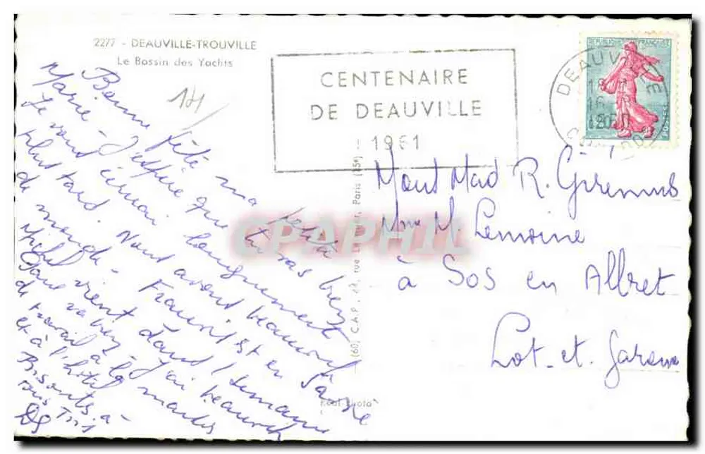 Der Yacht-See von Deauville — Centenaire von Deauville 1951 — Verlag C.P.A.P. Nr. 160 - Rückseite