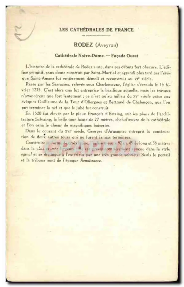 Rodez (Aveyron) — Catedral Notre-Dame (Fachada Oeste) — Coleção da Solution Paulsaberge, 6ª Série - Verso