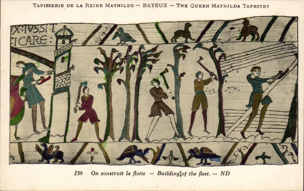 Tapisserie de la Reine Mathilde — Bayeux — Die Tapisserie der Königin Mathilda — Szene: Die Flotte wird gebaut - Vorderseite