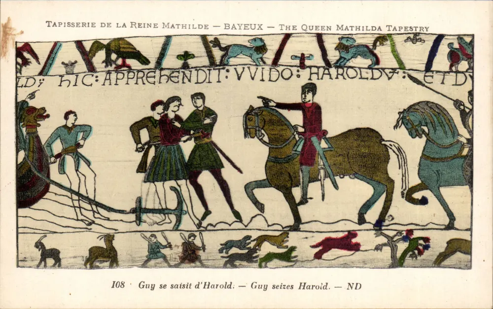 Die Tapisserie der Königin Mathilda — Bayeux — Szene 108: Guy ergreift Harold - Vorderseite