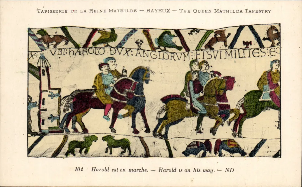 Tapisserie der Königin Mathilde — Bayeux — Szene 102: Harold unterwegs - Vorderseite