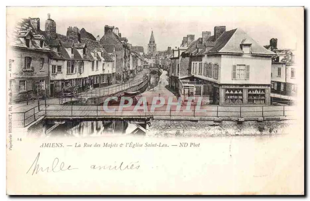 Amiens — La Rue des Majots & l'Église Saint-Leu — Papeterie HERBRUIT, 19, Rue de Xanten — N°14 - Vorderseite
