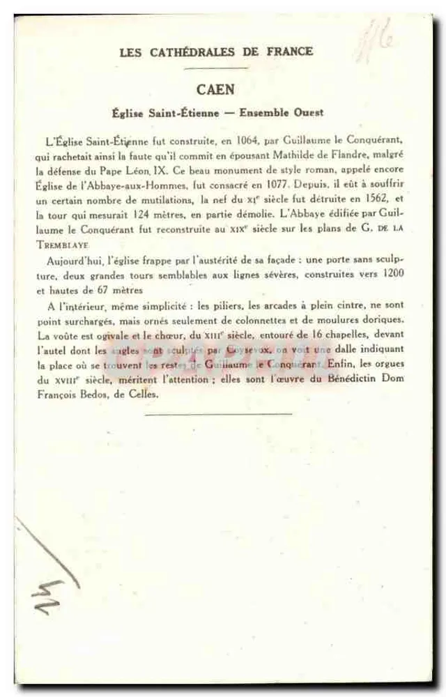 Caen (Calvados) — Église Saint-Étienne (Ensemble Ouest) — Collection de la Kolarsine et de la Solution Paultauberge - Verso