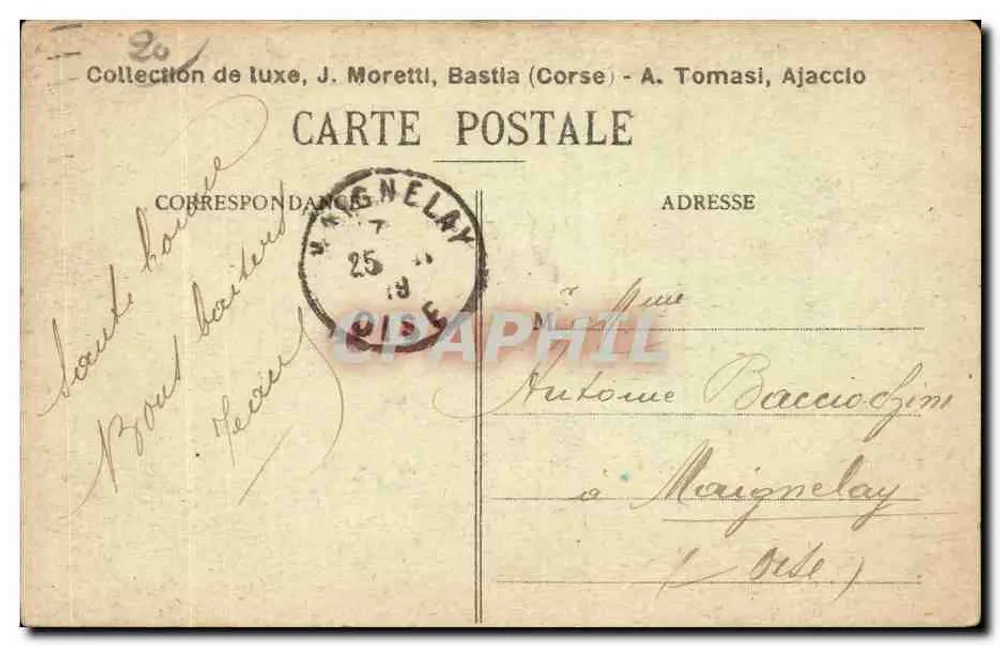 Iles Sanguinaires (Korsika) — Küstenblick mit Berg und Meer — J. Moretti - Rückseite