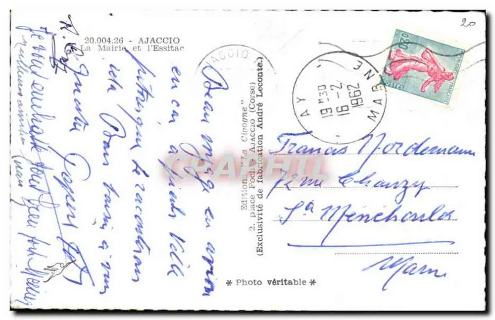Place de la Mairie in Ajaccio — Verlag La Cigogne, n° 20.004.26 - Rückseite