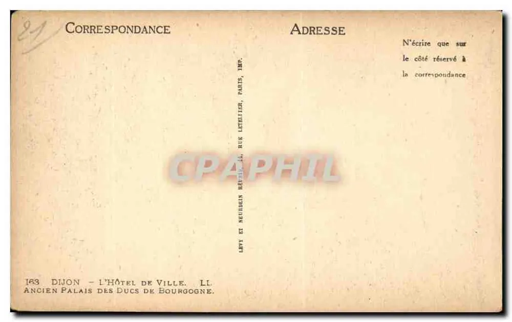 Dijon — Velho Palácio dos Duques de Borgonha — Editor Levy e Neubelin, Paris - Verso