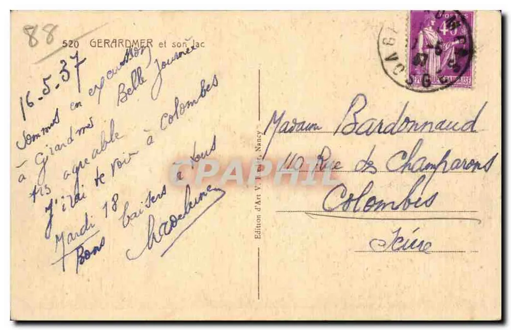 Gérardmer e seu lago — vista panorâmica — Edição de Arte V. Léon, Nancy, n° 520 - Verso