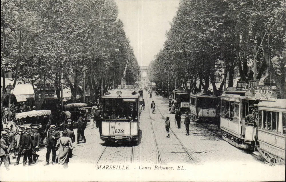 Marselha - Cours Belsunce — trem n°632 e sinalização 'Byrrh Chocolat Louit' — Editor EL. - Frente