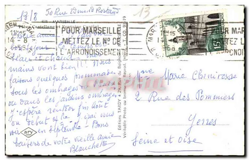 Place Castellane — Monumento central com coluna e estátua — Éditions Ary, n° 9119 - Verso