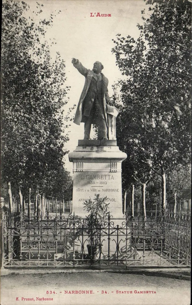 Estátua Gambetta — Narbonne — E. Prunot, série 534 - Frente