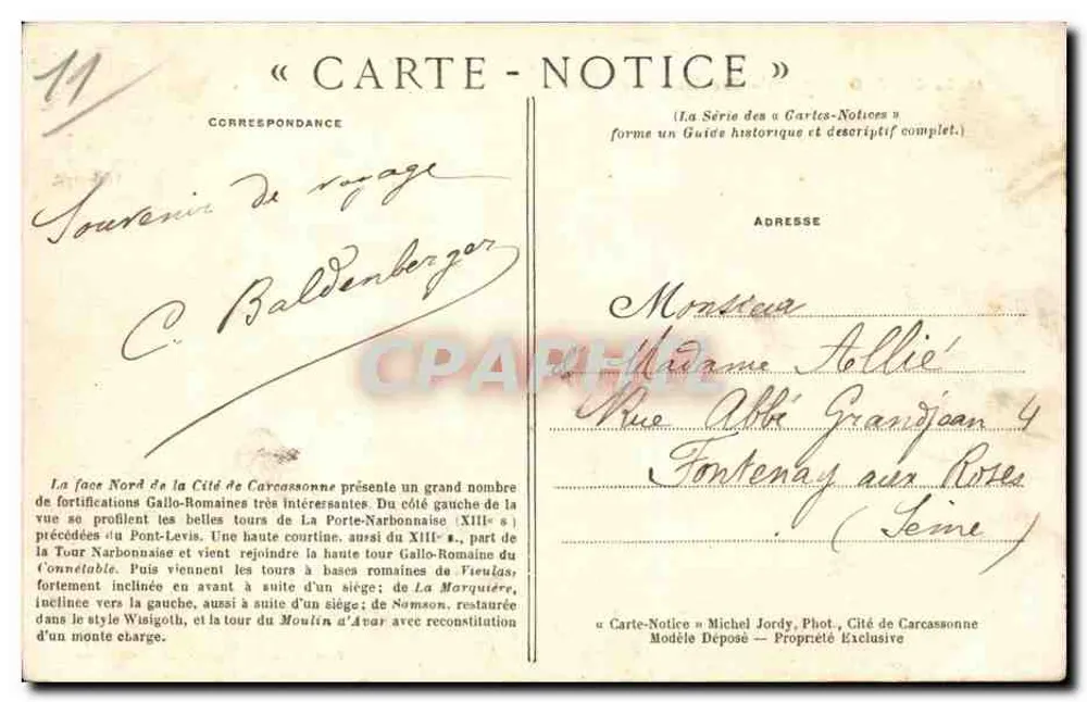 Carcassonne — Vista Geral do Norte — « Carte-Notice » - Verso
