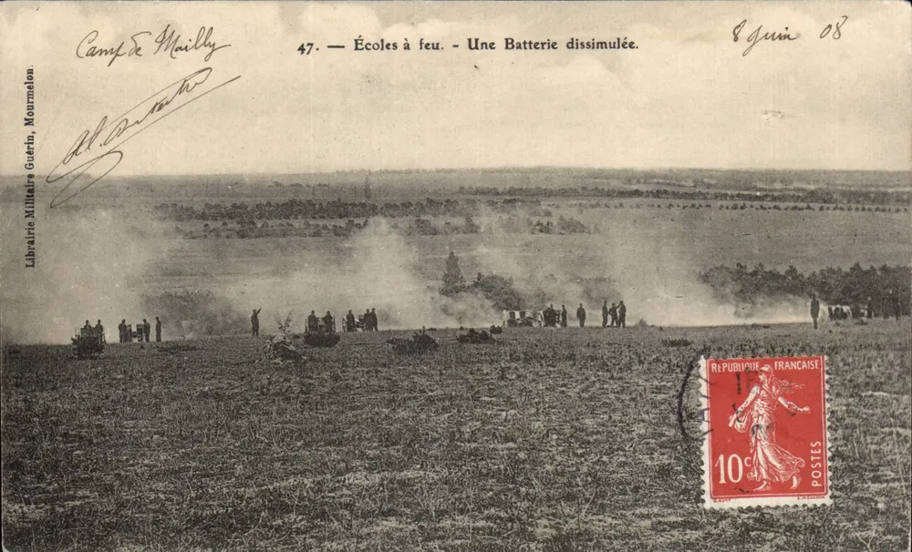 Camp de Mailly — Feuerübungen. Eine versteckte Batterie. — Militärbuchhandlung Guérin, Mourmelon - Vorderseite