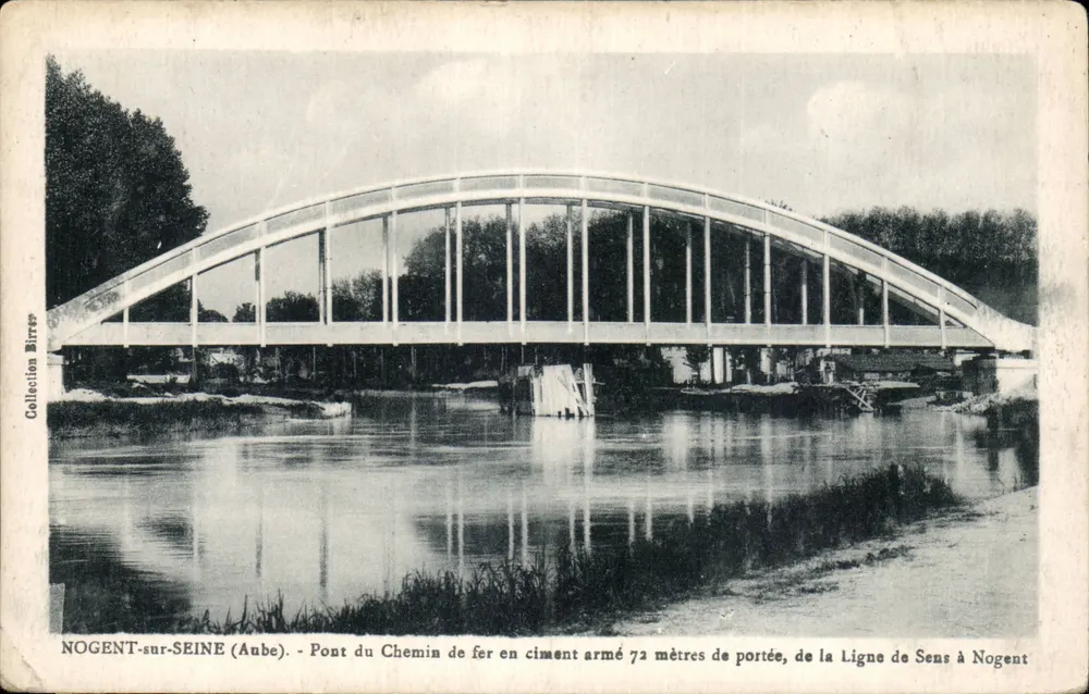 Nogent-sur-Seine (Aube) — Ponte do Caminho de Ferro em concreto armado, 72 metros de vão, da Linha de Sens a Nogent — Coleção Birrer - Frente