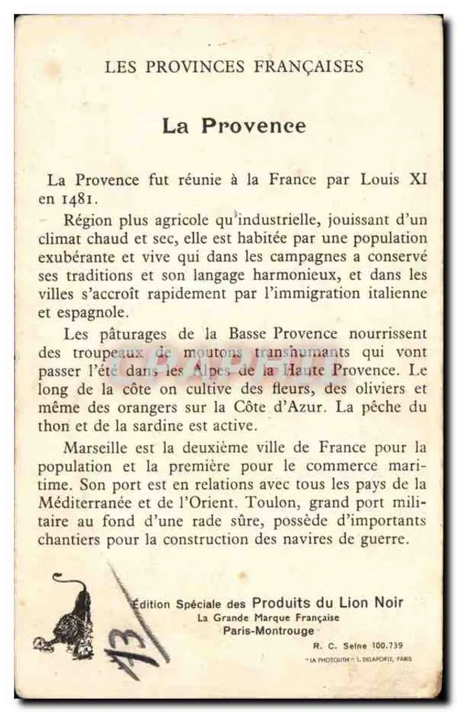 Provence — Die französischen Provinzen — Sonderausgabe der Produkte des Schwarzen Löwen - Rückseite