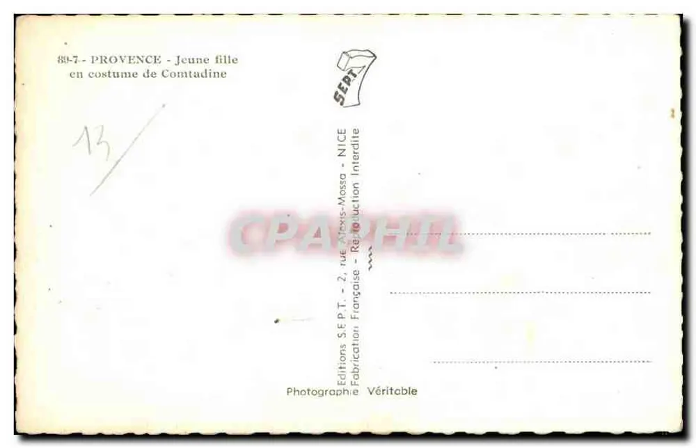 Junge Frau im Comtadine-Kostüm — Provence — Éditions S.E.P.T. - Nice - Rückseite