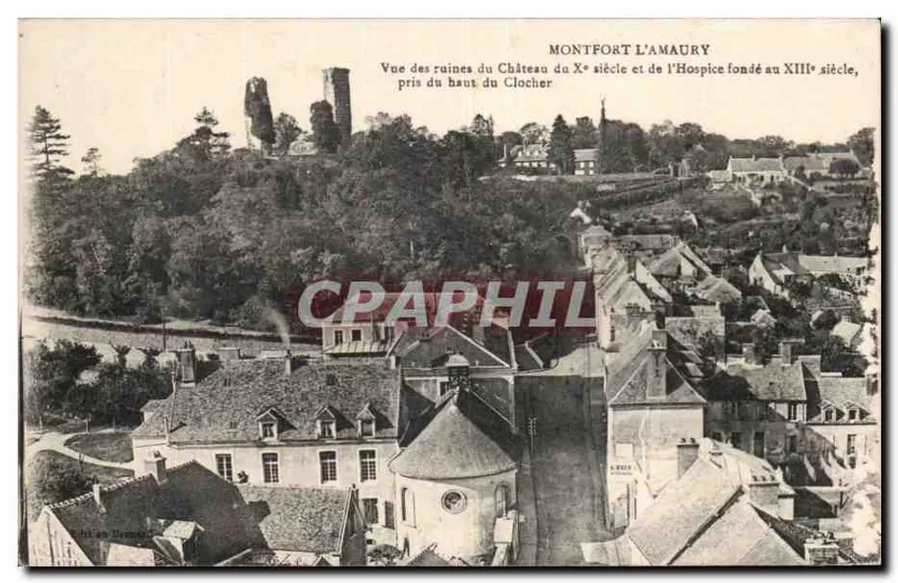 Montfort-l'Amaury — Ansicht der Ruinen des 10. Jahrhunderts Schlosses und des 13. Jahrhunderts Hospizes, aufgenommen von der Spitze der Kirchturms - Vorderseite