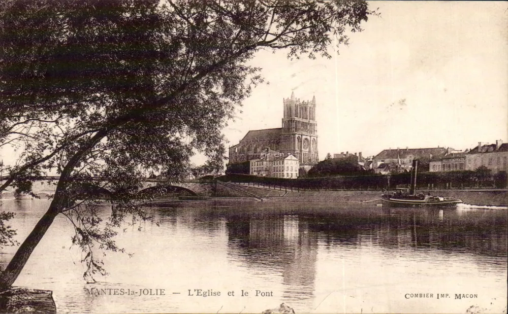 MANTES-la-JOLIE — Die Kirche und die Brücke — Druck von Combier, Macon - Vorderseite