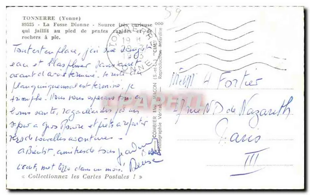 Tonnerre (Yonne) — La Fosse Dionne — Fonte muito curiosa que jorra aos pés de encostas íngremes e rochedos — editor COMBIBER - Verso