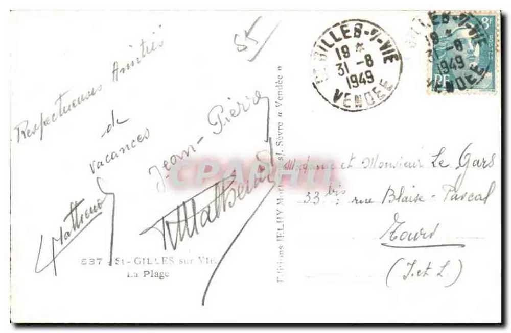 Praia de Gilly-sur-Vienne — cabanas de praia e banhistas — Éditions JERLY, n° 537 - Verso