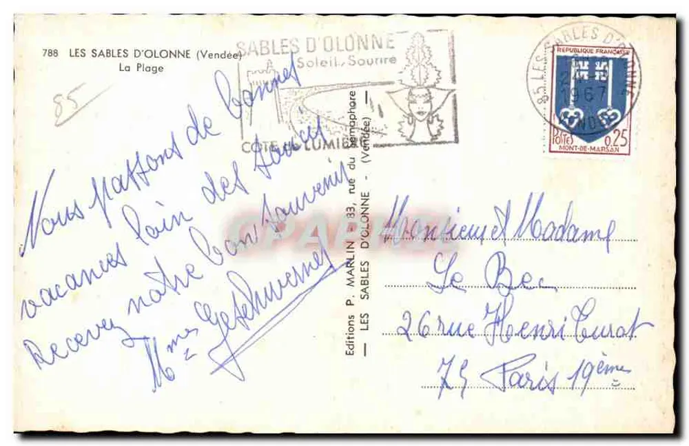Les Sables d'Olonne — A Praia — Éditions P. Marlin - Verso