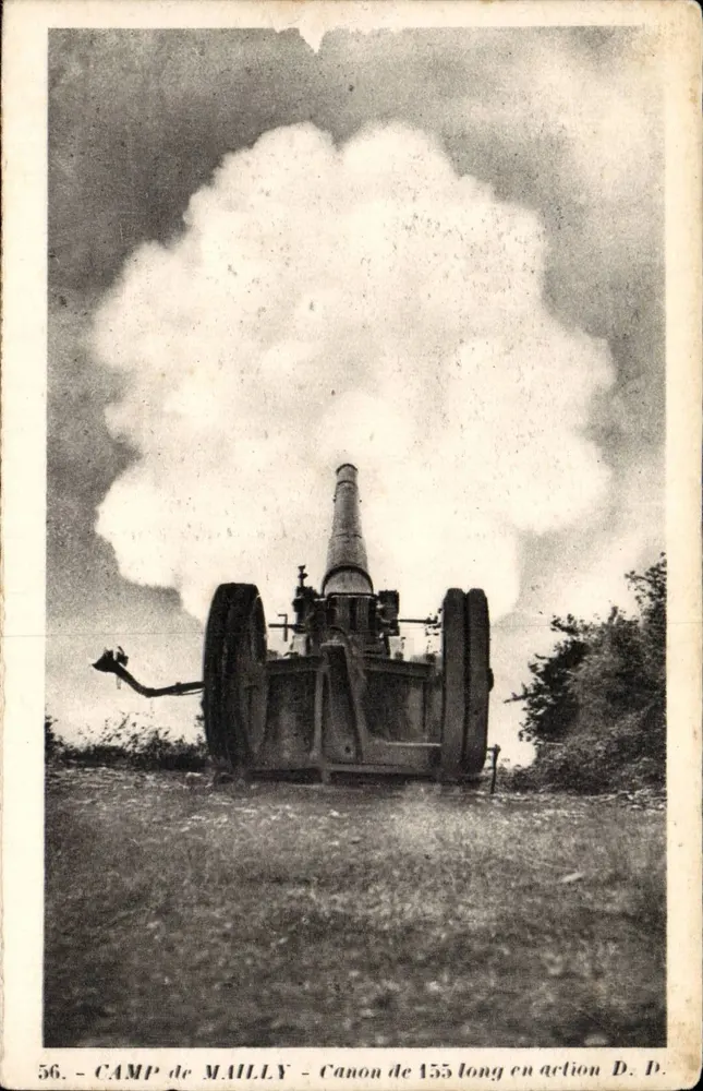 Camp de Mailly — 155 lang Kanone in Aktion — D.D. — n°56 - Vorderseite