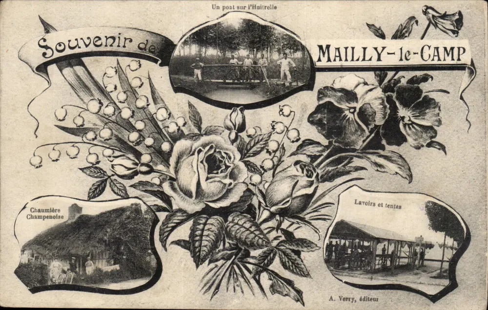 Mailly-le-Camp — Lembrança da Chaumière Champenoise e dos Lavoirs e tendas — A. Verry, editor - Frente